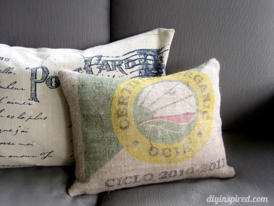 Pillow made with recycled coffee sack burlap