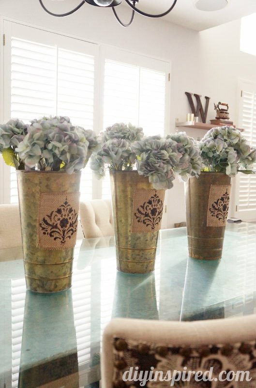 Table Centerpieces with stenciled burlap fabric