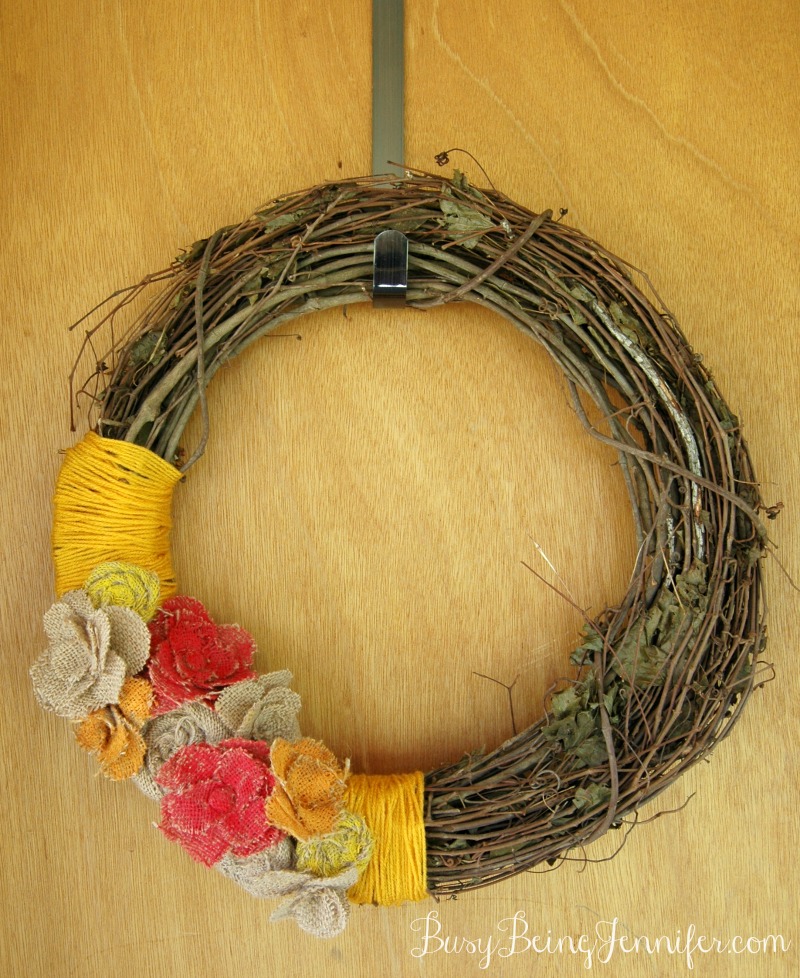 Painted Burlap Flowers on a Grapevine Wreath