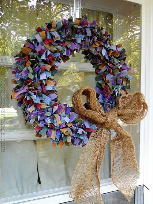Door Wreath made with Denim Scraps and Burlap Ribbon