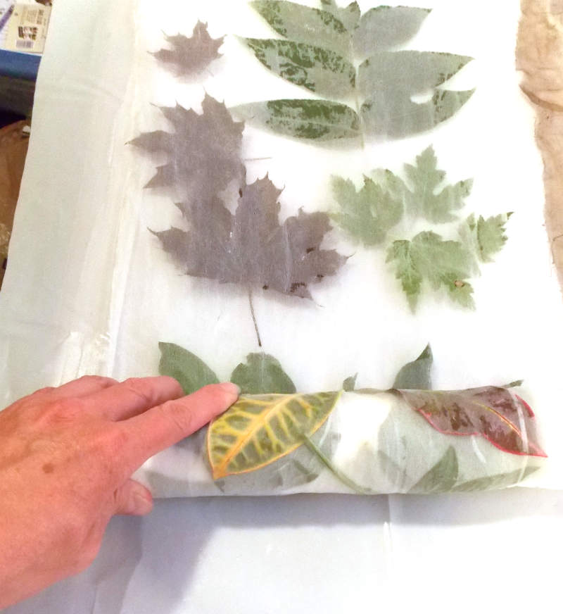 Roll up the fabric and leaves for steaming