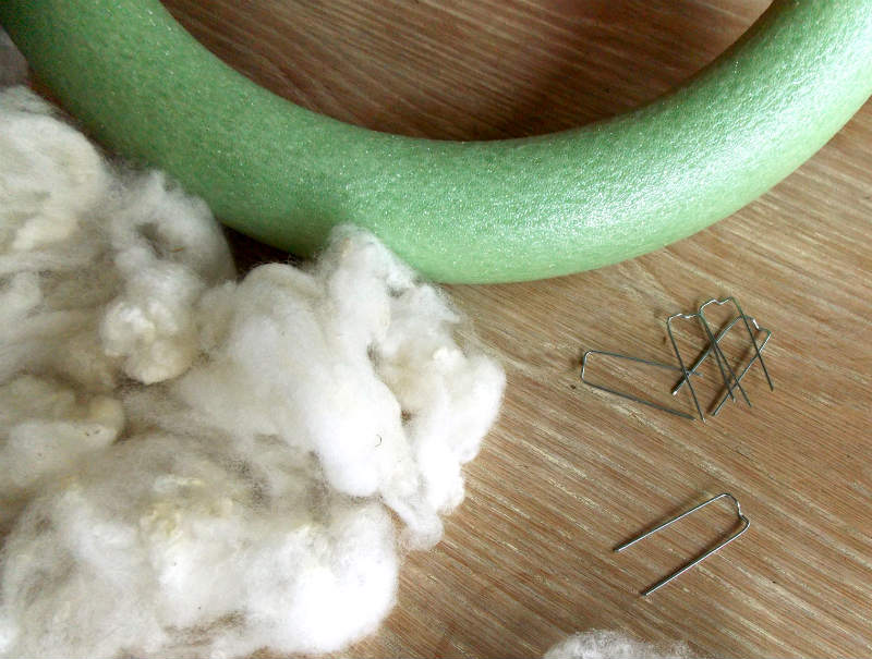 Supplies for making a Christmas Wreath with sheep wool