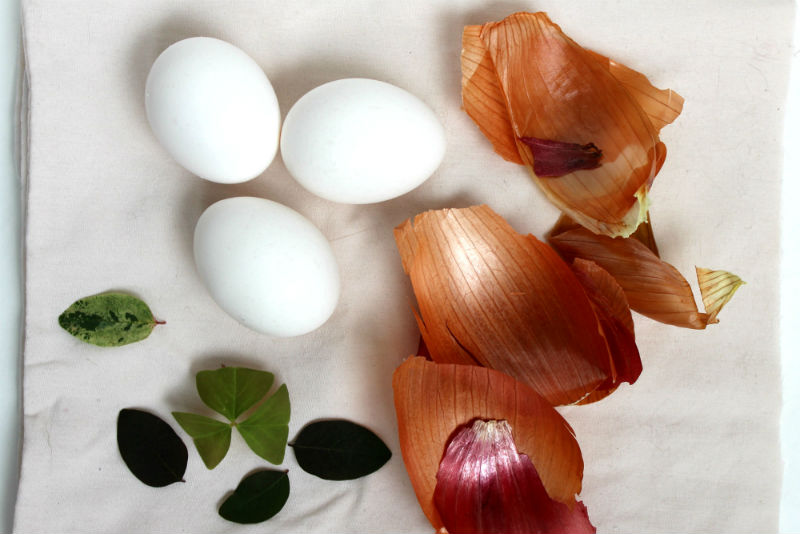 Supplies for naturally dyeing easter eggs with onion skins
