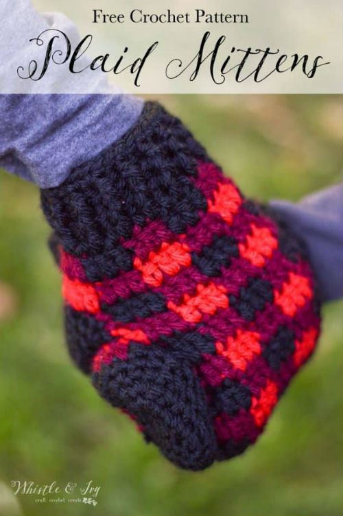 Plaid Crochet Mittens, Free Patterns