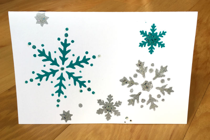 Hand Stenciled Christmas Greeting Card with painted Snow Flakes