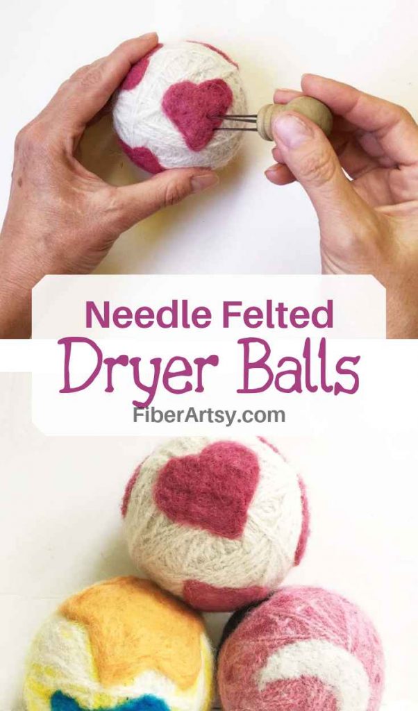 DIY Wool Dryer Balls with Needle Felted Designs.