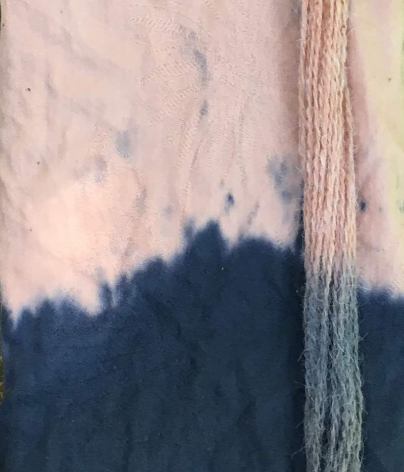 Cotton fabric and wool yarn dyed naturally with Avocados and an Iron Modifier