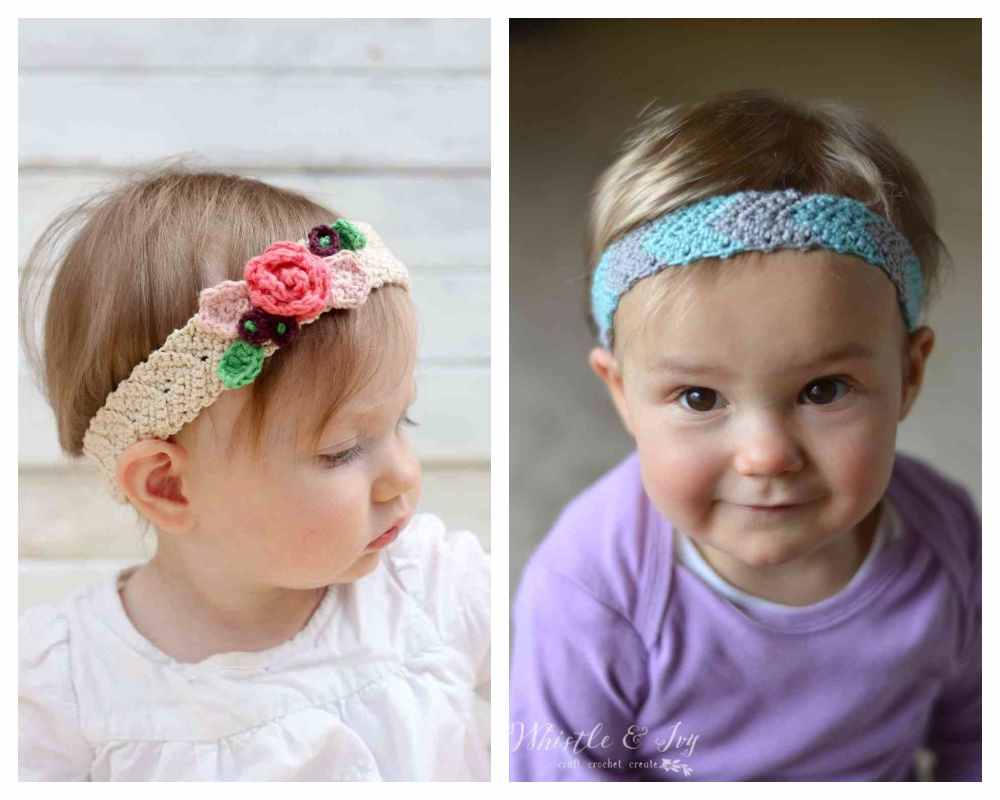 two images of babies with crocheted headbands