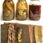 two images of jars with dyes and dyed fabric