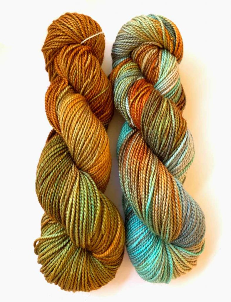 image of two skeins of hand dyed yarn